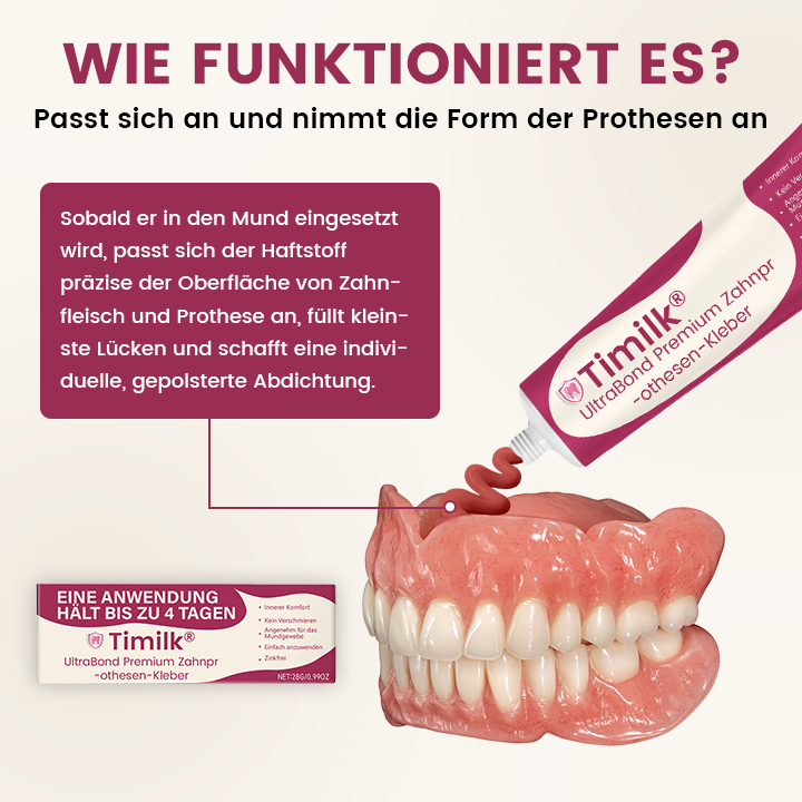 Timilk® UltraBond Premium Zahnprothesen-Kleber 🔥FDA-zertifiziert (Klinisch erwiesener 4-Tage-Halt für sicheren, komfortablen und zinkfreien Sitz der Prothese 🦷)