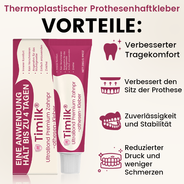 Timilk® UltraBond Premium Zahnprothesen-Kleber 🔥FDA-zertifiziert (Klinisch erwiesener 4-Tage-Halt für sicheren, komfortablen und zinkfreien Sitz der Prothese 🦷)