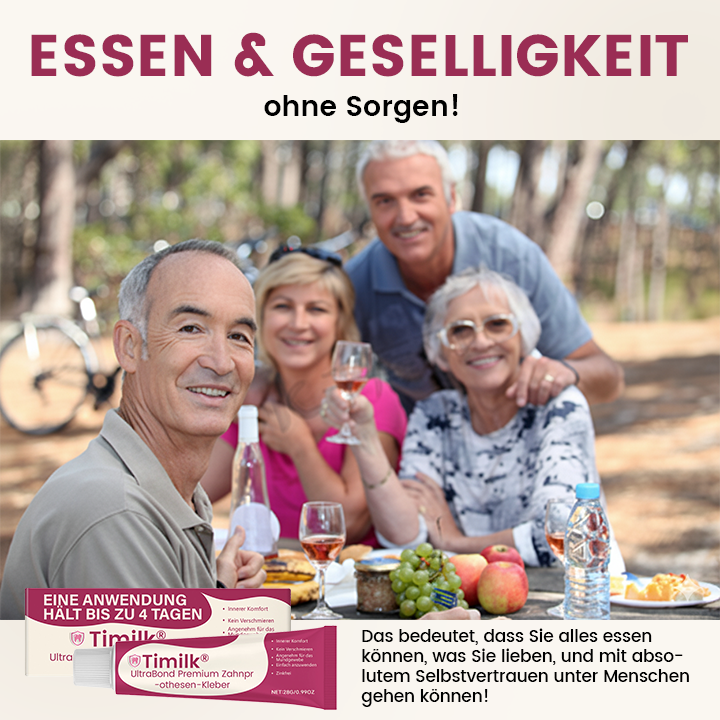 Timilk® UltraBond Premium Zahnprothesen-Kleber 🔥FDA-zertifiziert (Klinisch erwiesener 4-Tage-Halt für sicheren, komfortablen und zinkfreien Sitz der Prothese 🦷)